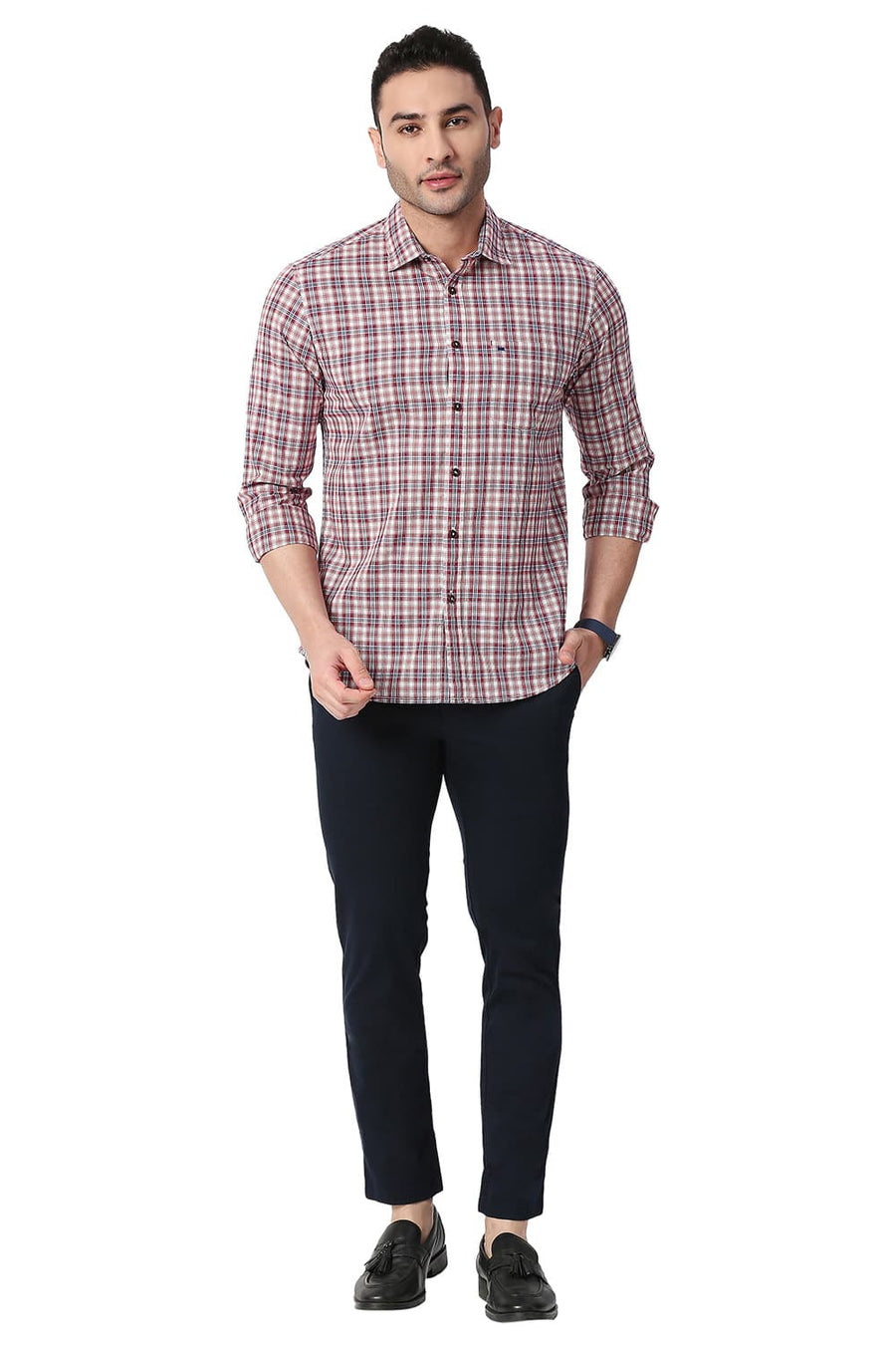 BASICS SLIM FIT TANGO RED COTTON CHECKS SHIRT
