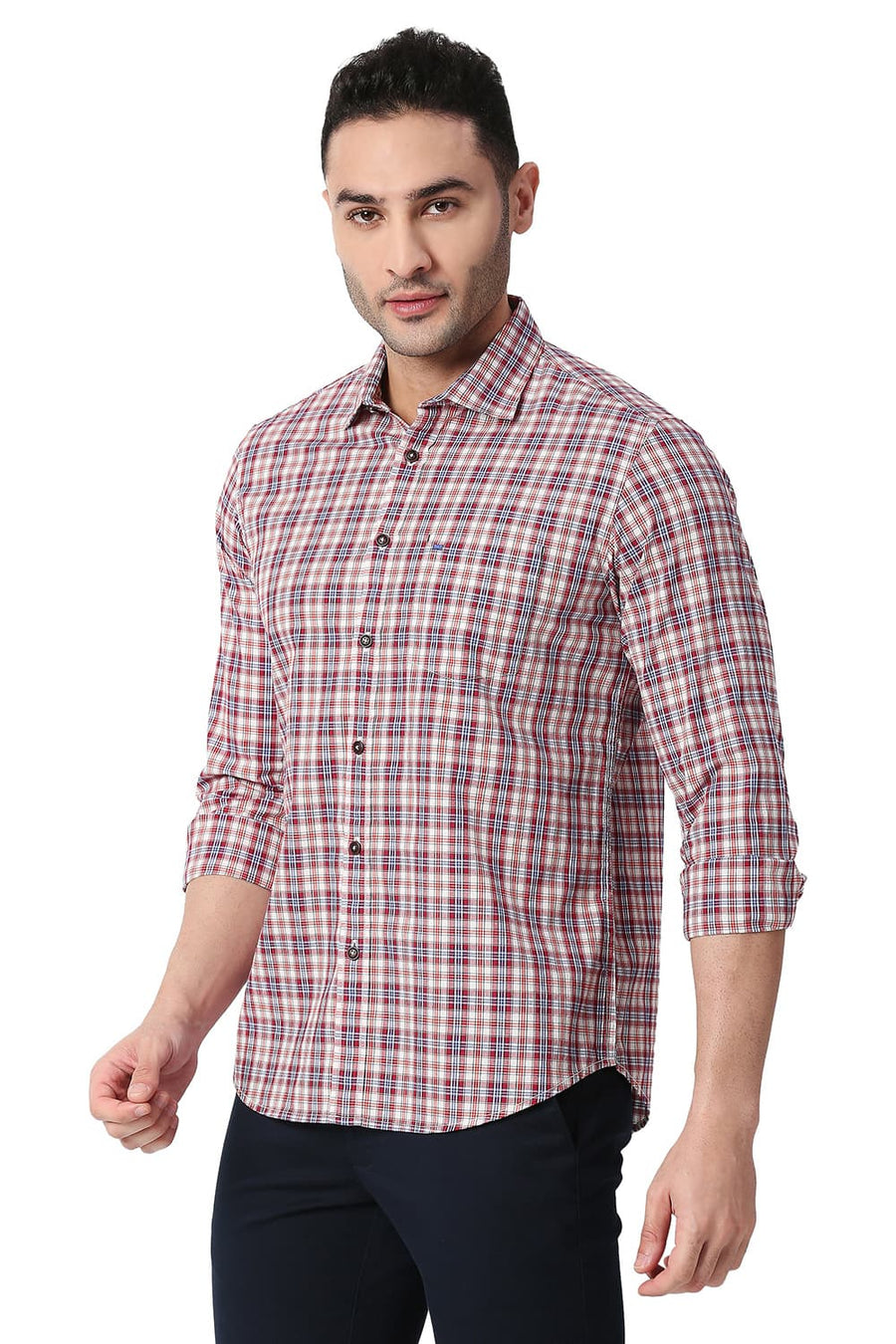 BASICS SLIM FIT TANGO RED COTTON CHECKS SHIRT
