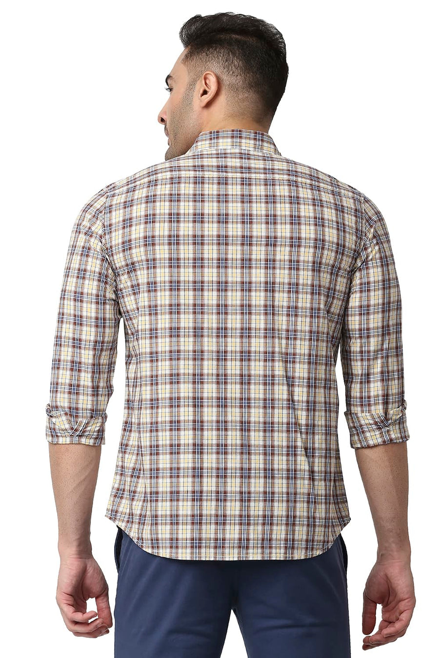 BASICS SLIM FIT AZTEE BROWN COTTON CHECKS SHIRT