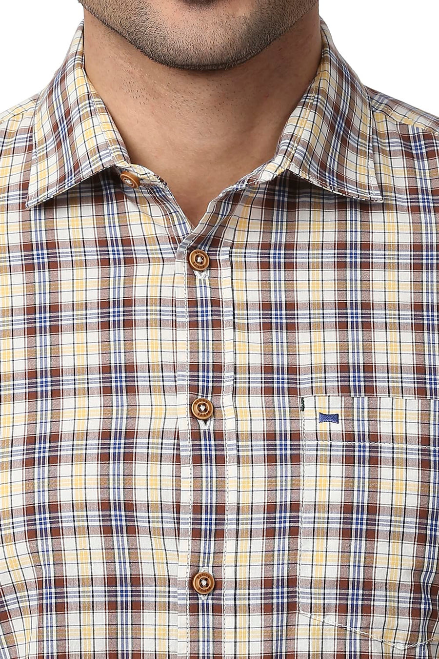 BASICS SLIM FIT AZTEE BROWN COTTON CHECKS SHIRT