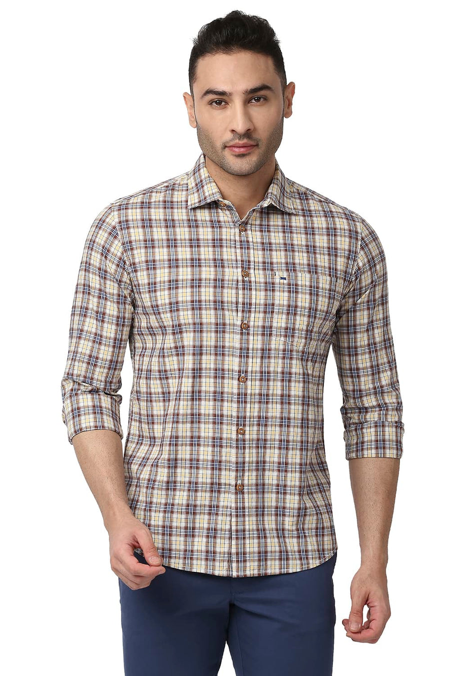 BASICS SLIM FIT AZTEE BROWN COTTON CHECKS SHIRT