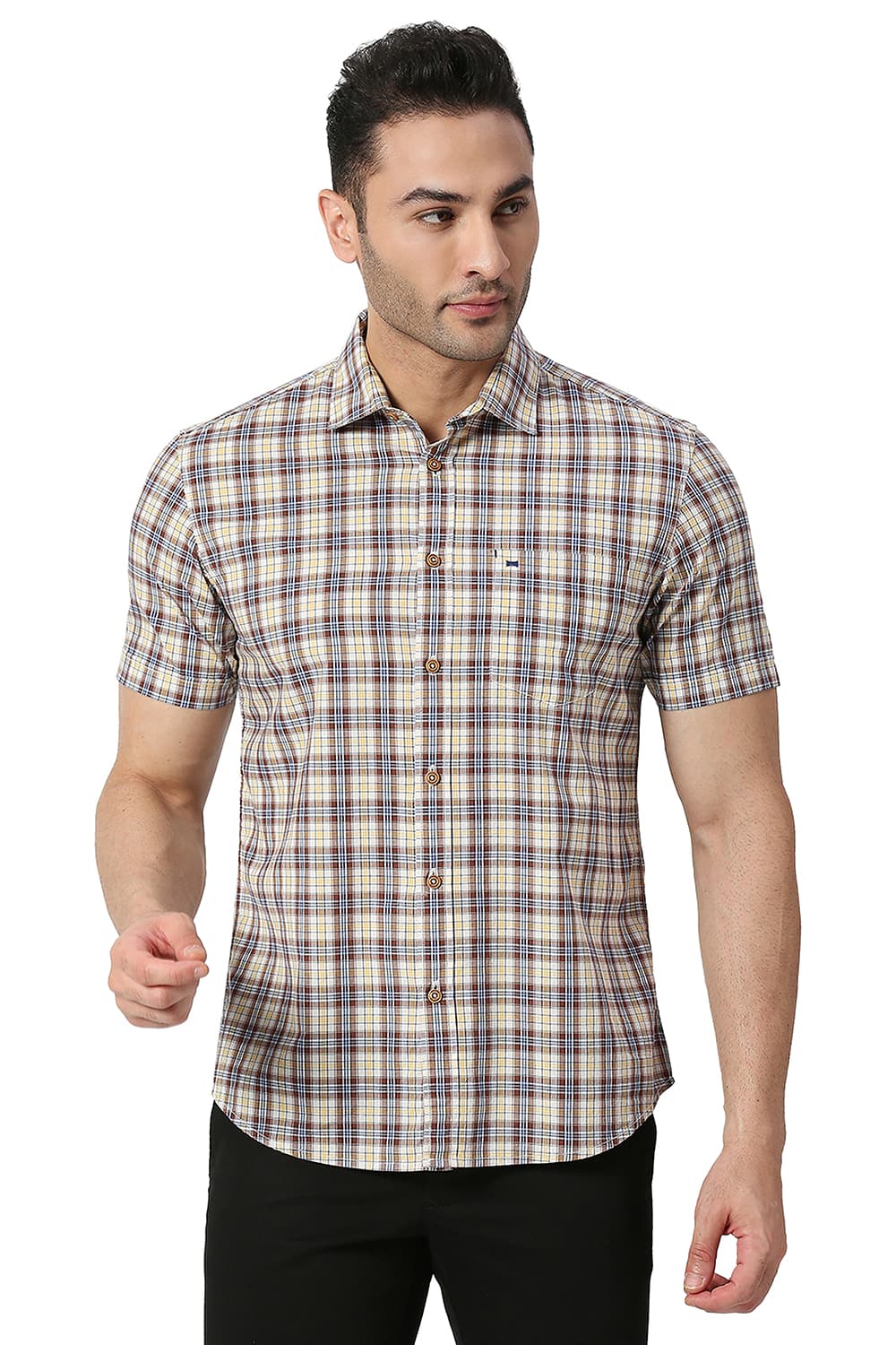 BASICS SLIM FIT COTTON CHECKS HALFSLEEVES SHIRT