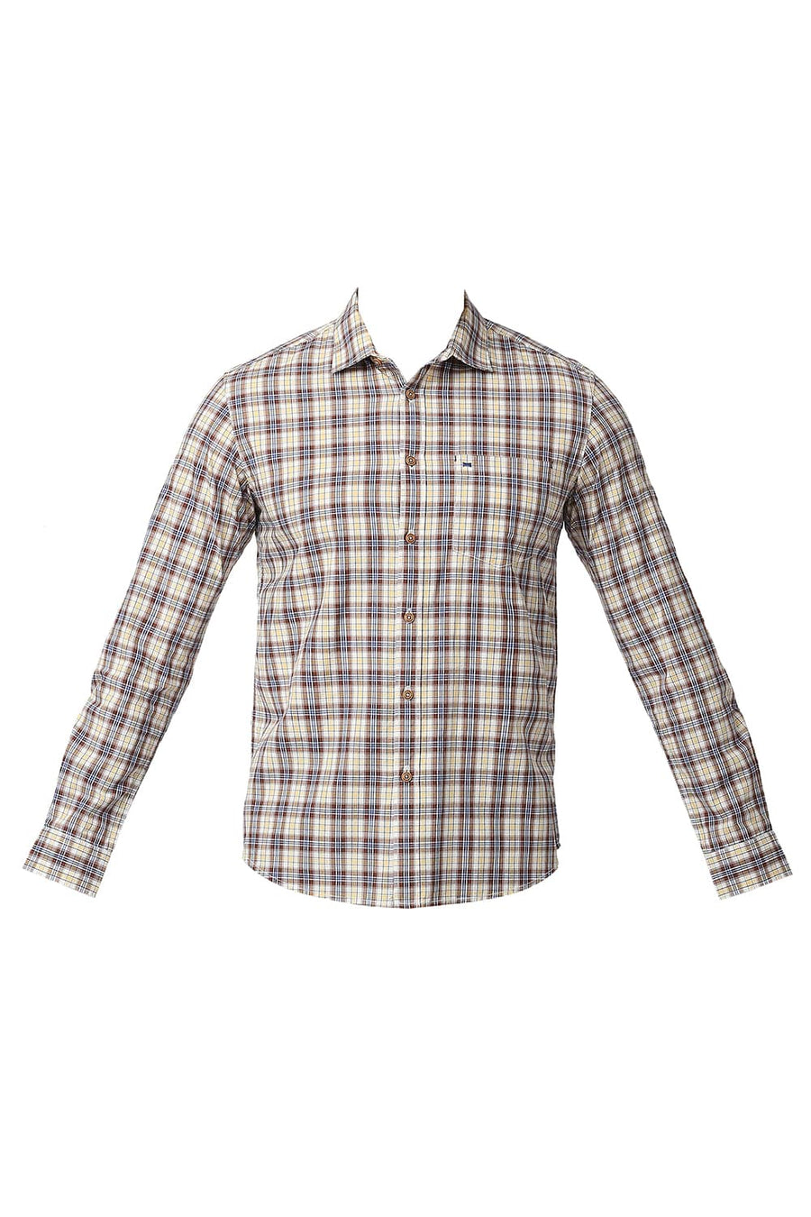 BASICS SLIM FIT AZTEE BROWN COTTON CHECKS SHIRT