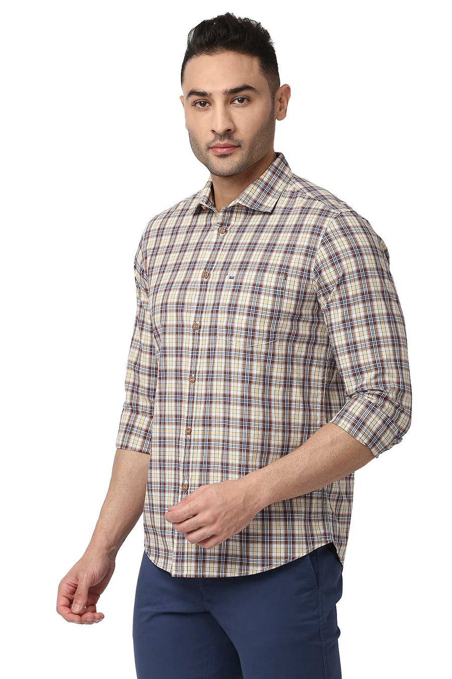 BASICS SLIM FIT AZTEE BROWN COTTON CHECKS SHIRT
