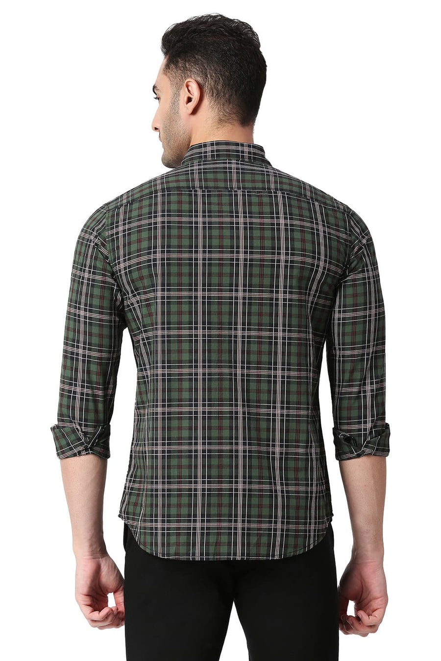BASICS SLIM FIT GARDEN OLIVE COTTON CHECKS SHIRT