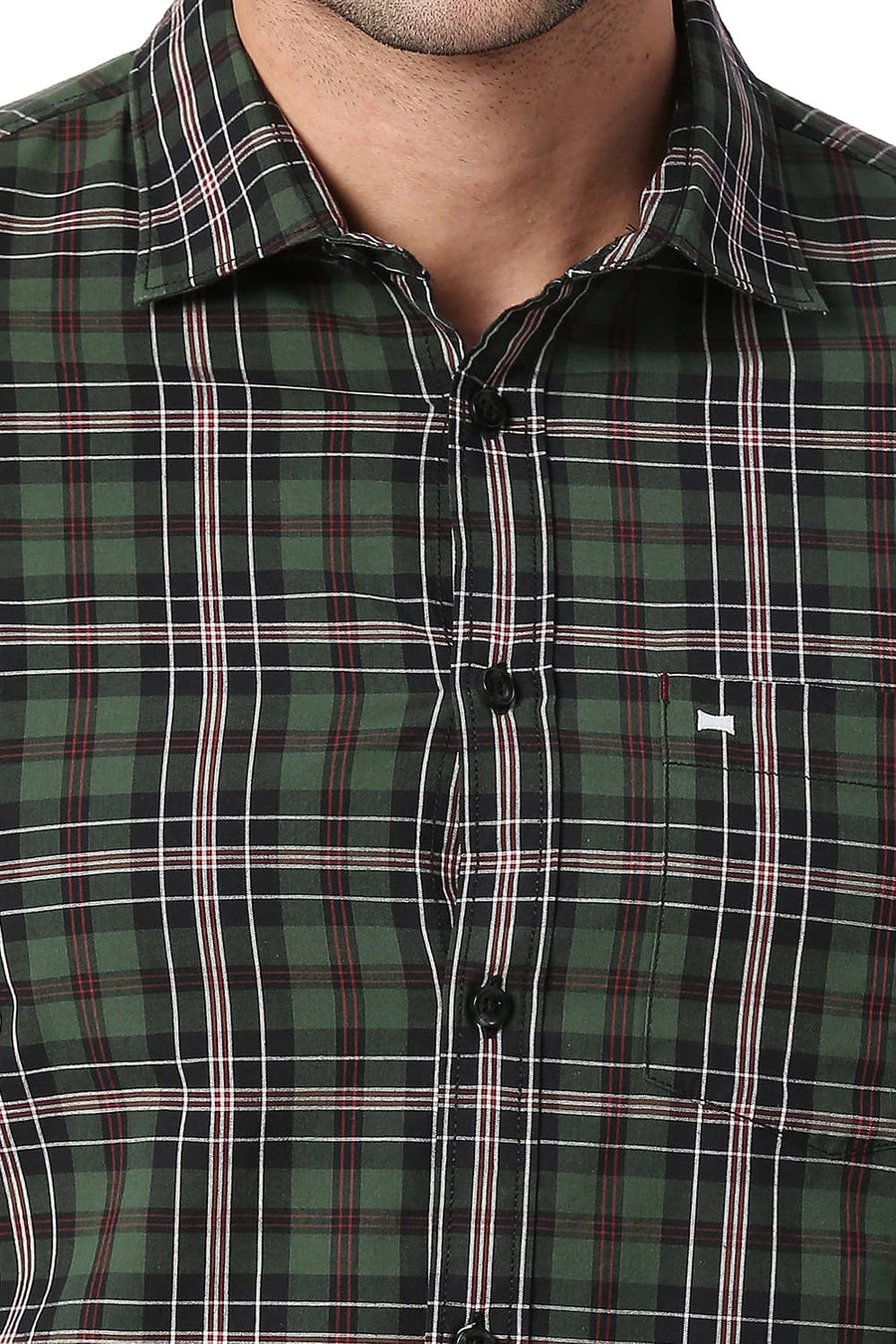 BASICS SLIM FIT GARDEN OLIVE COTTON CHECKS SHIRT