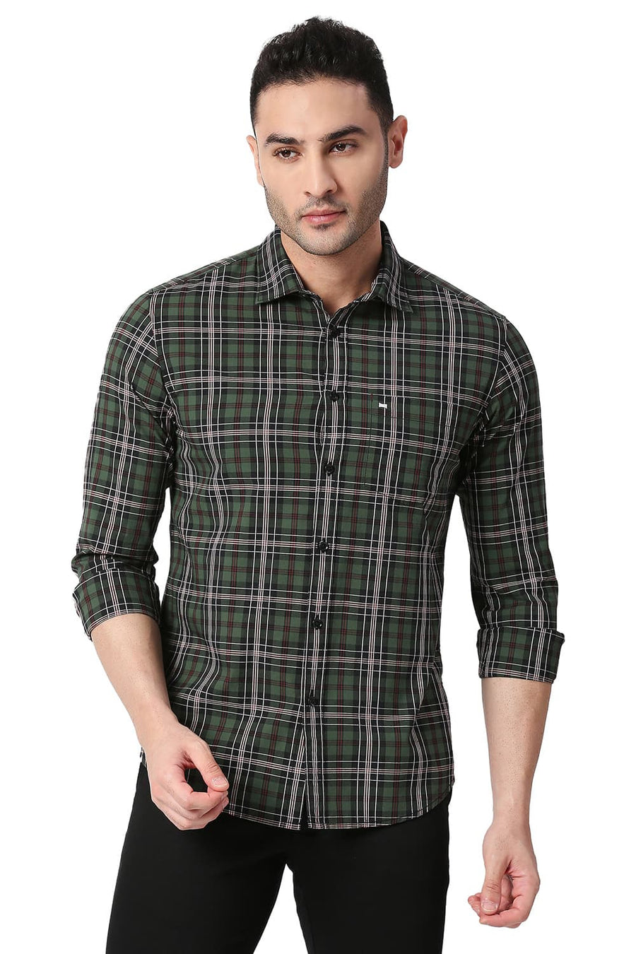 BASICS SLIM FIT GARDEN OLIVE COTTON CHECKS SHIRT