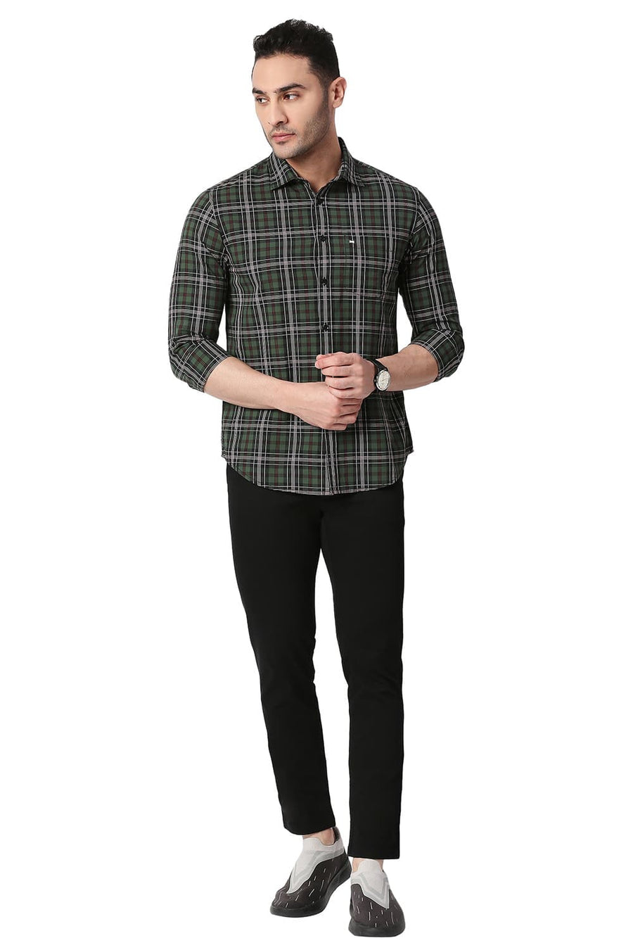 BASICS SLIM FIT GARDEN OLIVE COTTON CHECKS SHIRT