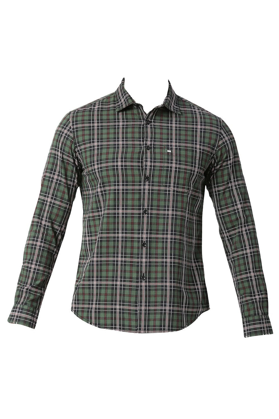 BASICS SLIM FIT GARDEN OLIVE COTTON CHECKS SHIRT