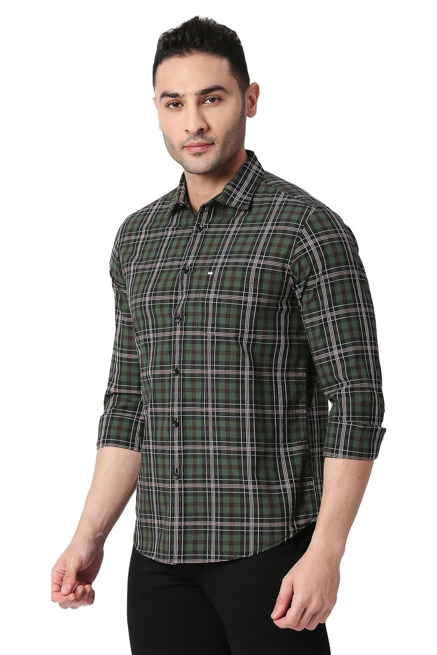 BASICS SLIM FIT GARDEN OLIVE COTTON CHECKS SHIRT