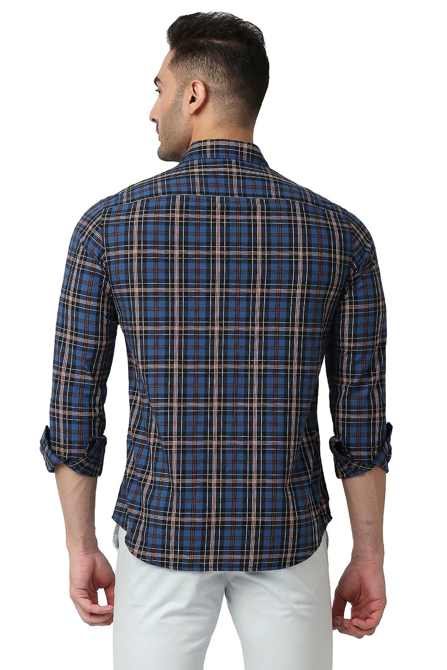 BASICS SLIM FIT DEEP WATER BLUE COTTON CHECKS SHIRT