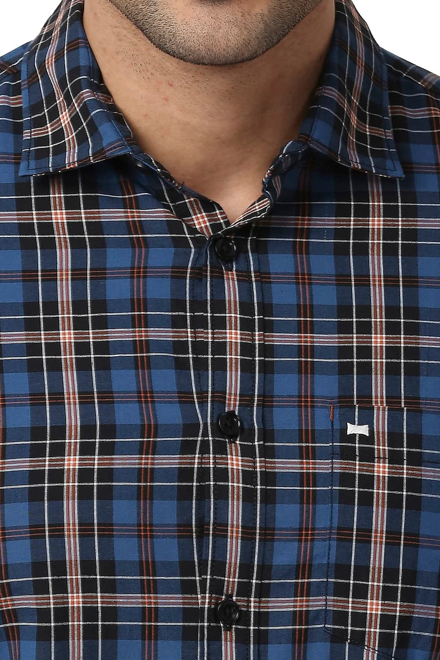 BASICS SLIM FIT DEEP WATER BLUE COTTON CHECKS SHIRT