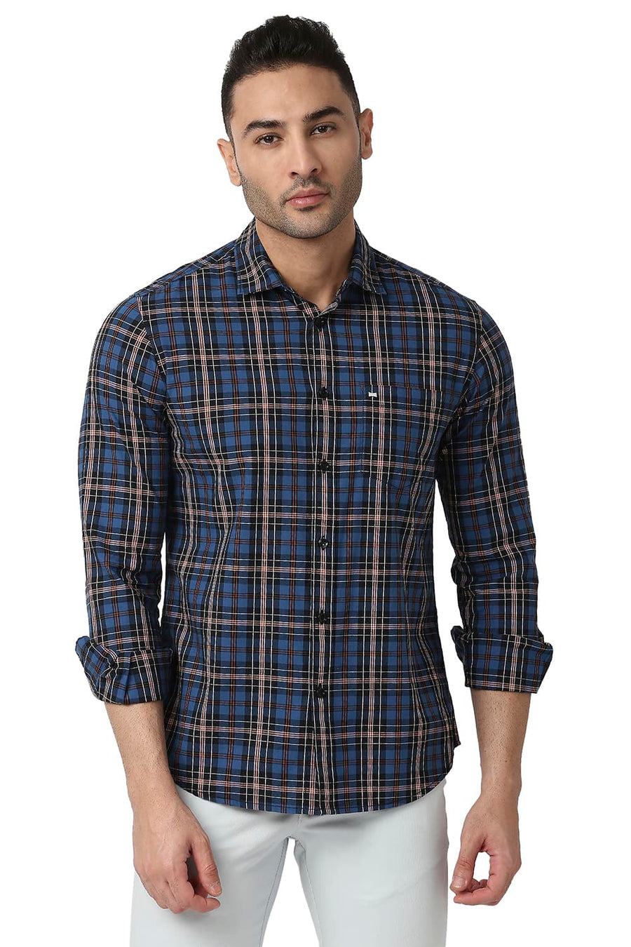 BASICS SLIM FIT DEEP WATER BLUE COTTON CHECKS SHIRT