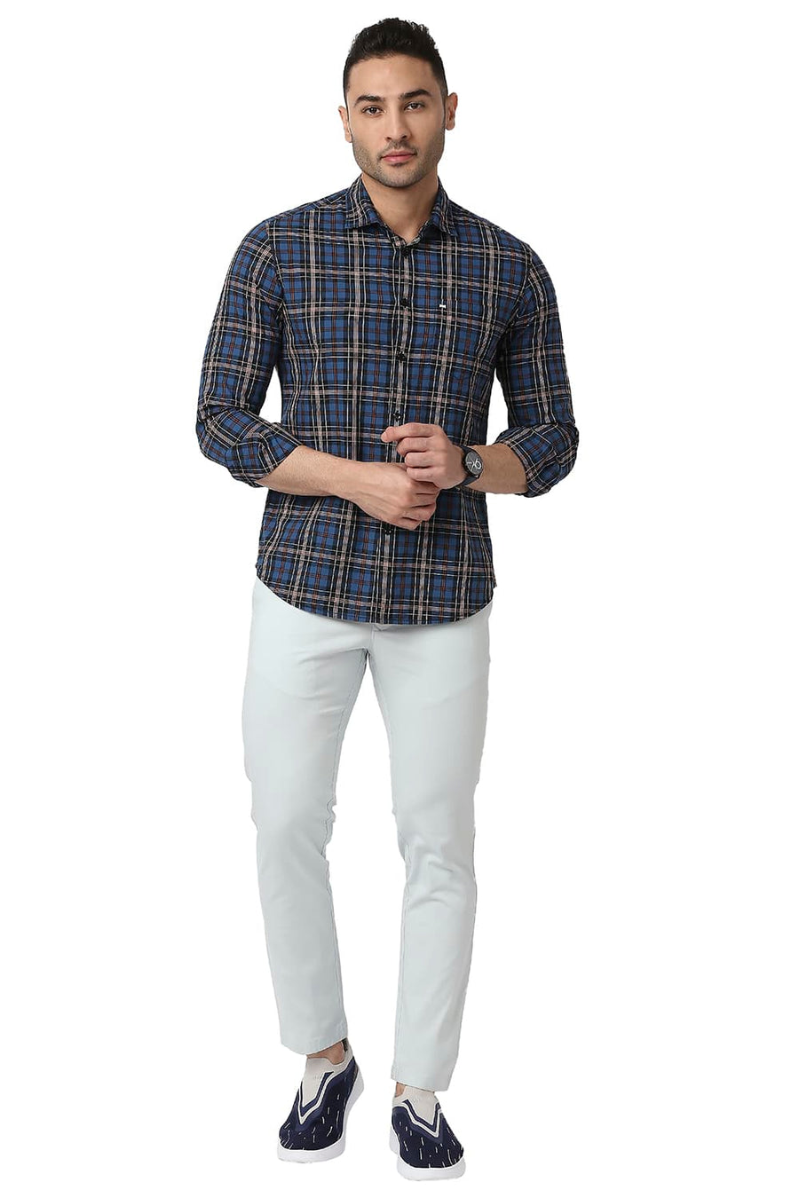 BASICS SLIM FIT DEEP WATER BLUE COTTON CHECKS SHIRT
