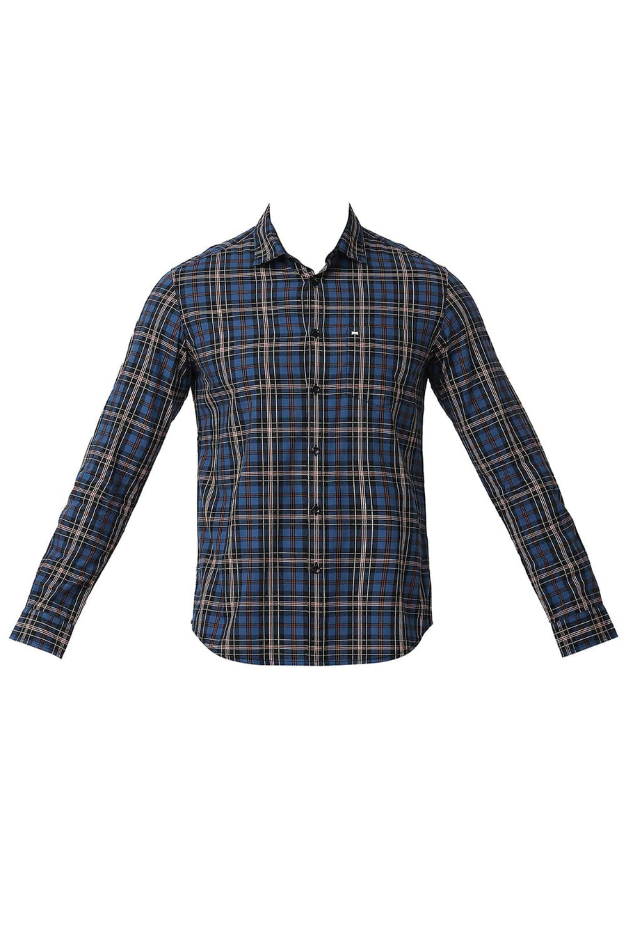 BASICS SLIM FIT DEEP WATER BLUE COTTON CHECKS SHIRT