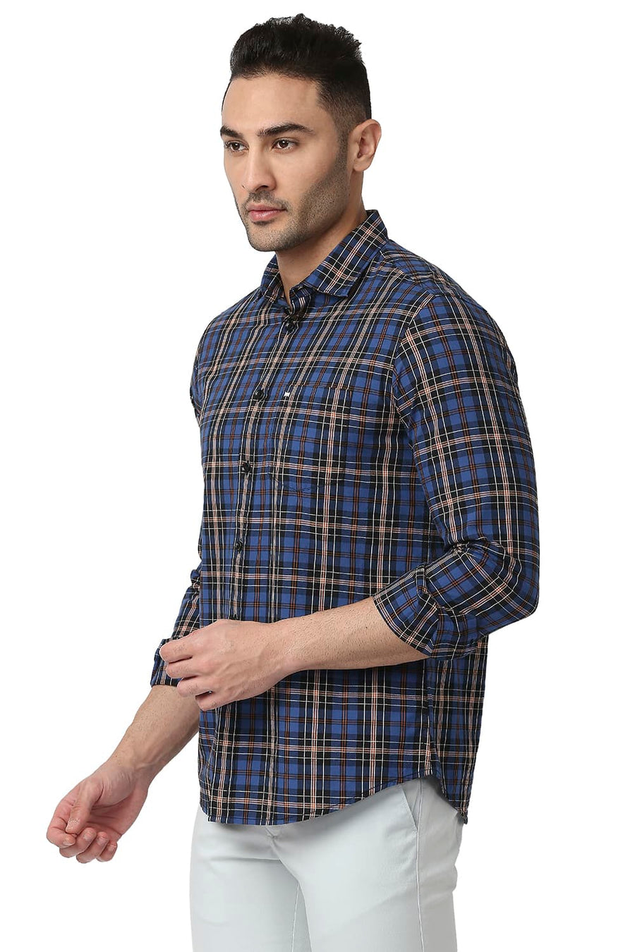 BASICS SLIM FIT DEEP WATER BLUE COTTON CHECKS SHIRT