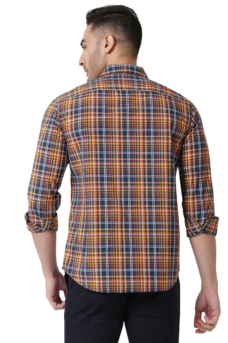 BASICS SLIM FIT DARK ORANGE COTTON CHECKS SHIRT