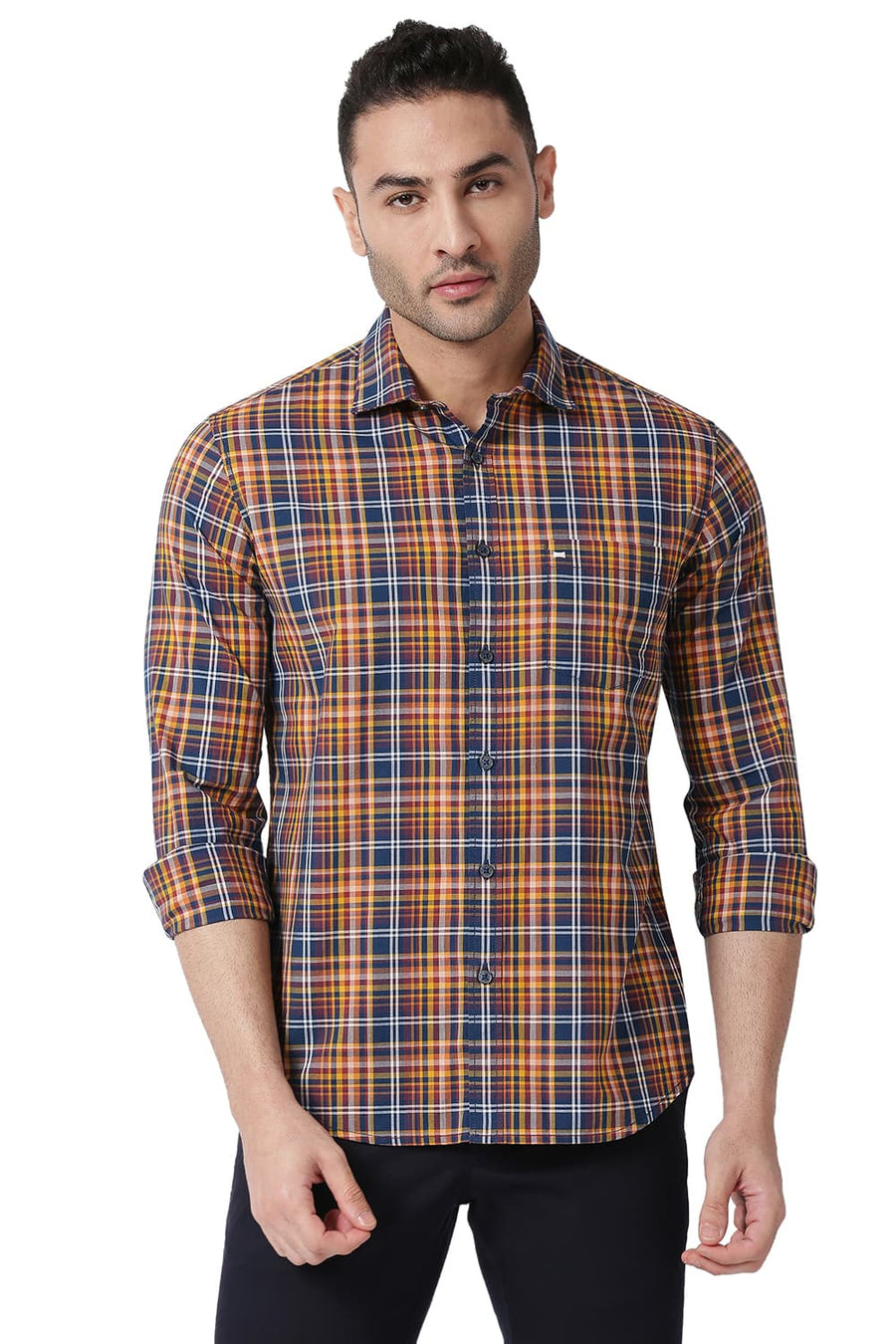 BASICS SLIM FIT DARK ORANGE COTTON CHECKS SHIRT
