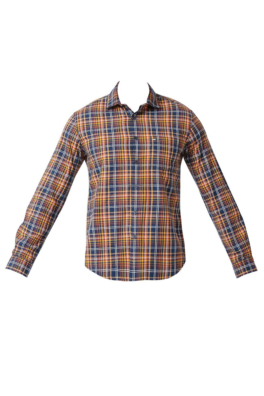 BASICS SLIM FIT DARK ORANGE COTTON CHECKS SHIRT