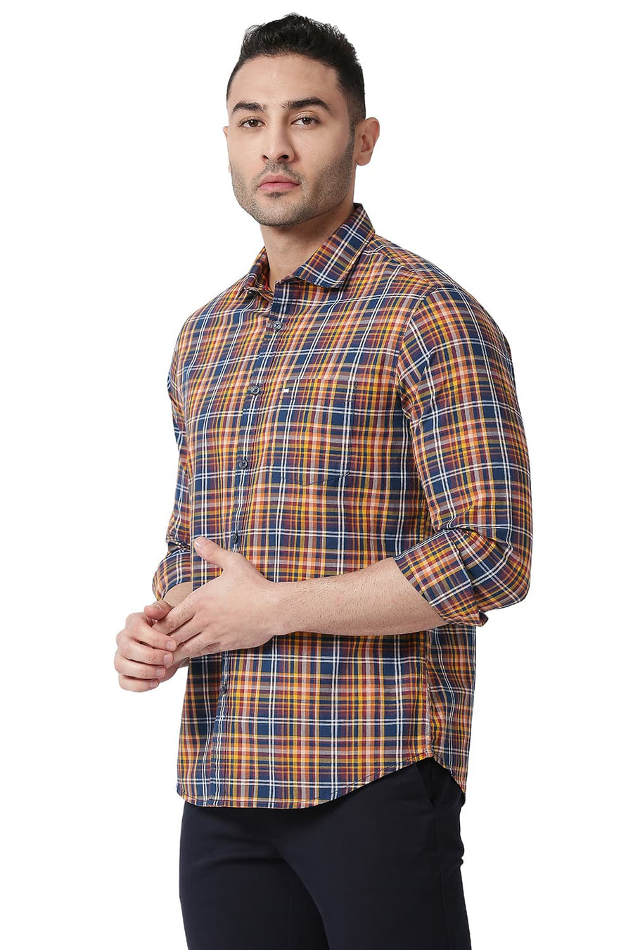 BASICS SLIM FIT DARK ORANGE COTTON CHECKS SHIRT