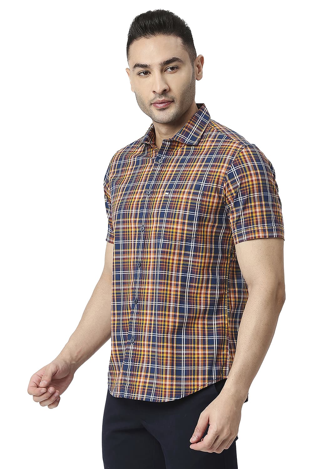 BASICS SLIM FIT COTTON CHECKS HALFSLEEVES SHIRT