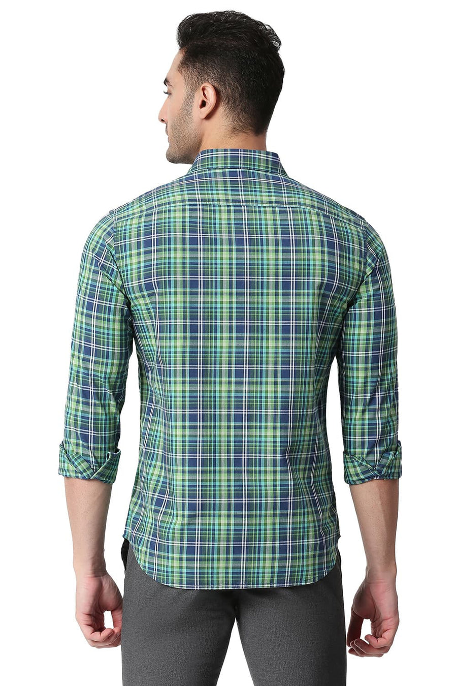BASICS SLIM FIT GARDEN GREEN COTTON CHECKS SHIRT