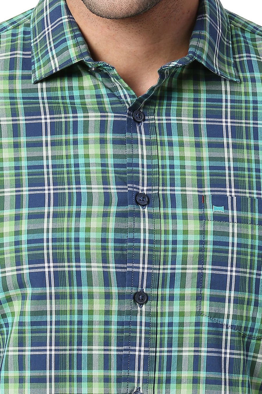 BASICS SLIM FIT GARDEN GREEN COTTON CHECKS SHIRT