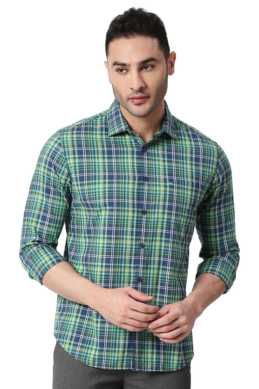 BASICS SLIM FIT GARDEN GREEN COTTON CHECKS SHIRT