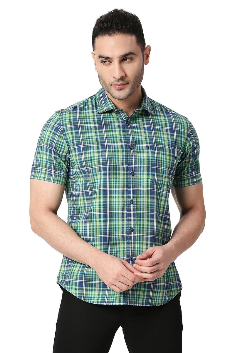 BASICS SLIM FIT COTTON CHECKS HALFSLEEVES SHIRT