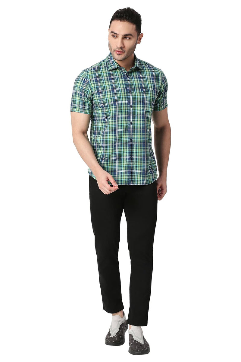 BASICS SLIM FIT COTTON CHECKS HALFSLEEVES SHIRT