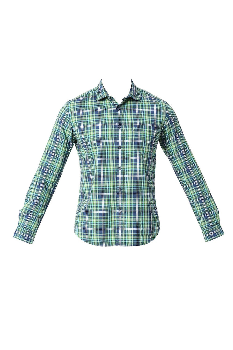 BASICS SLIM FIT GARDEN GREEN COTTON CHECKS SHIRT