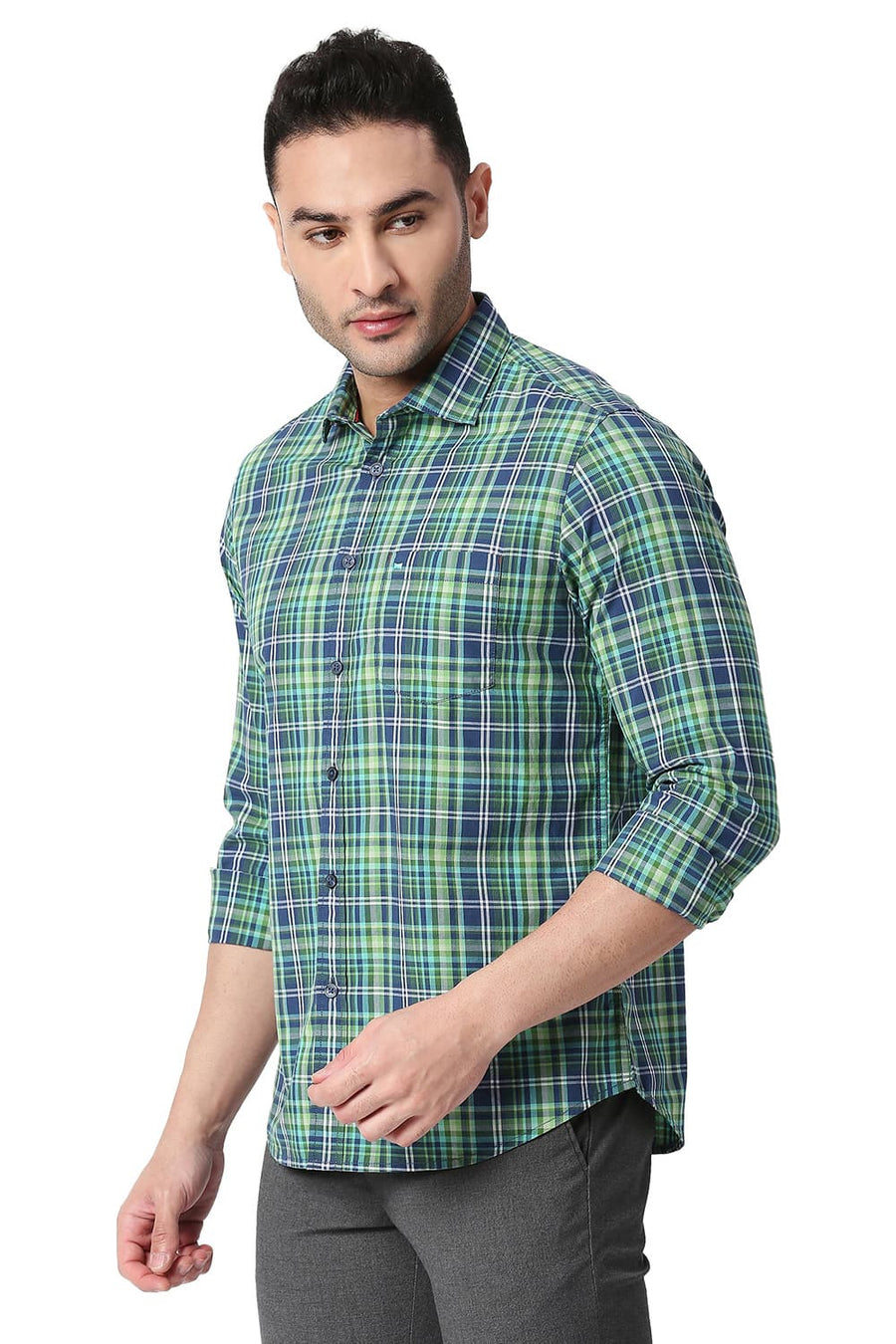 BASICS SLIM FIT GARDEN GREEN COTTON CHECKS SHIRT