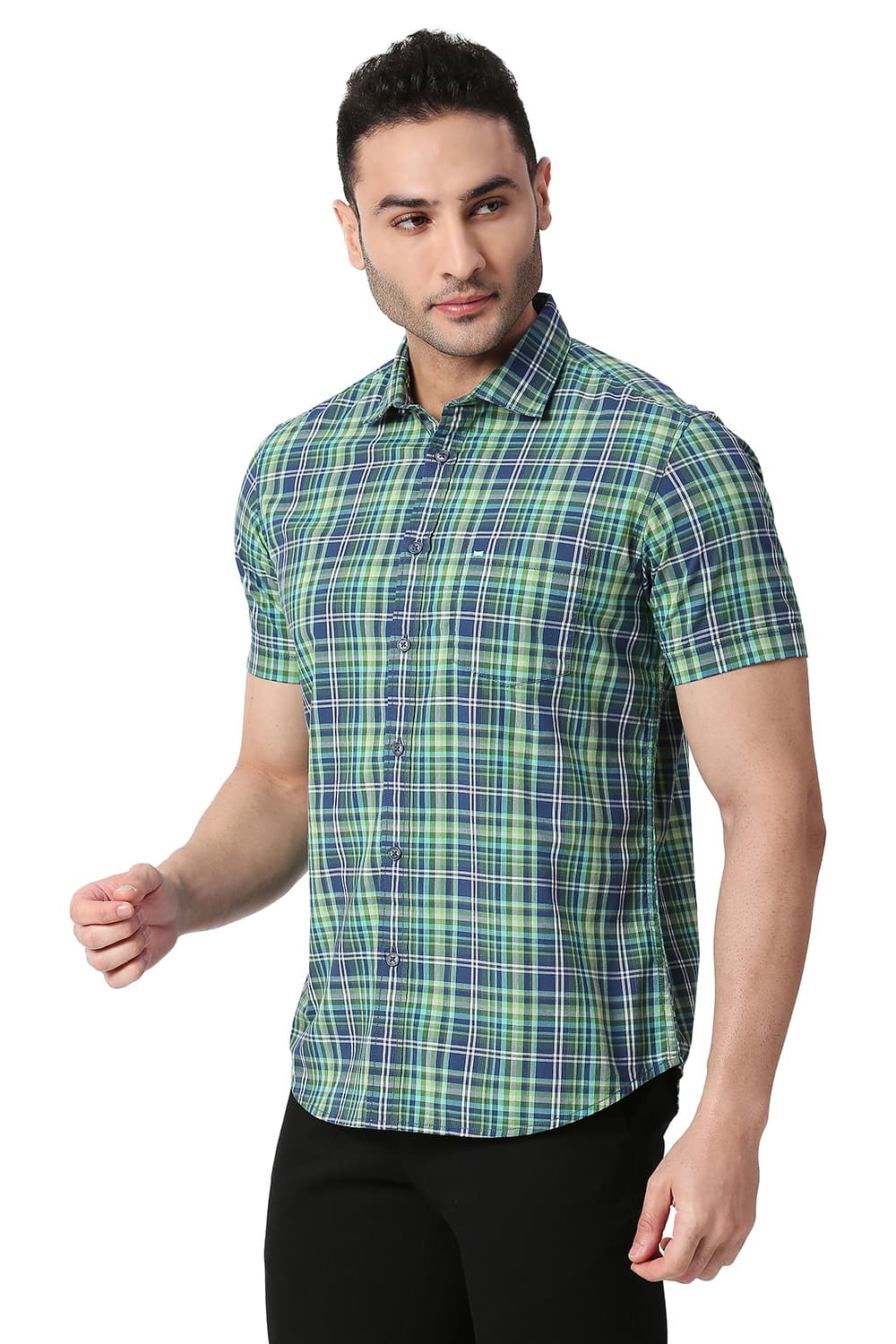 BASICS SLIM FIT COTTON CHECKS HALFSLEEVES SHIRT