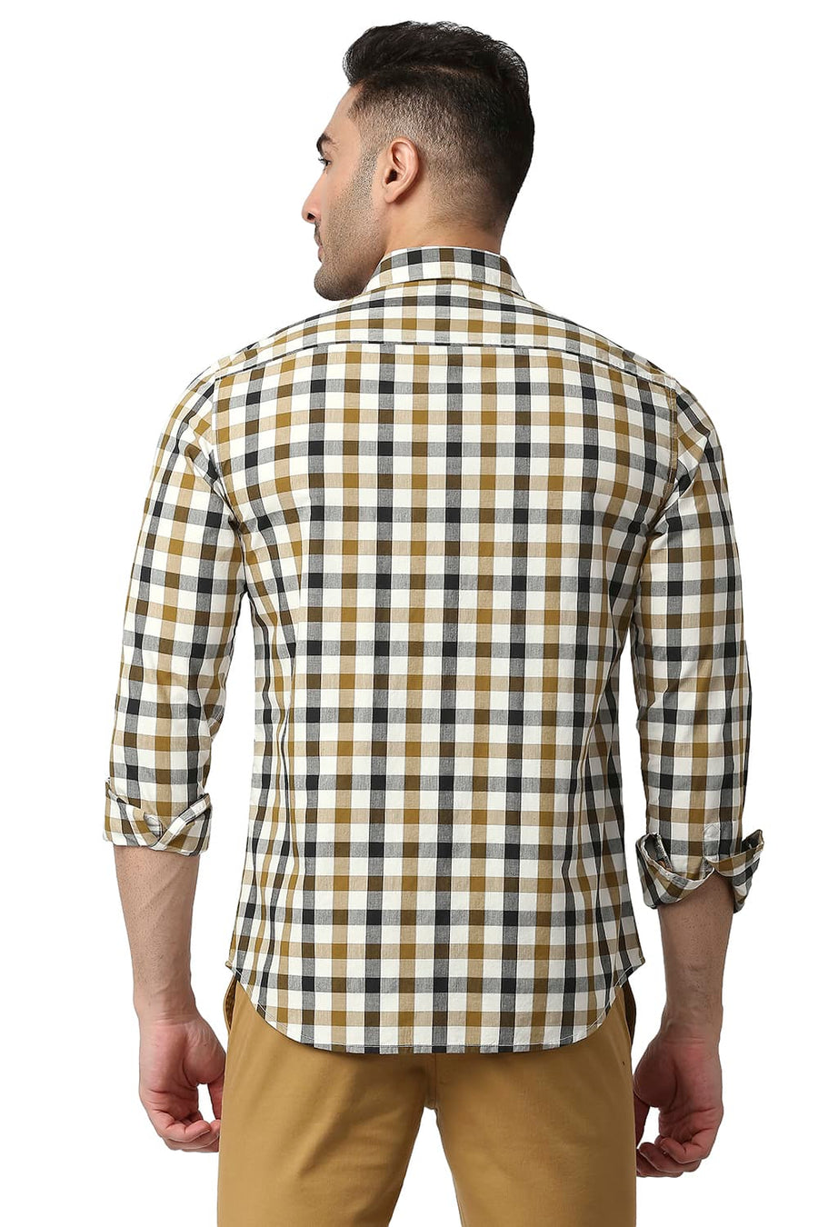 BASICS SLIM FIT LARK BROWN COTTON CHECKS SHIRT