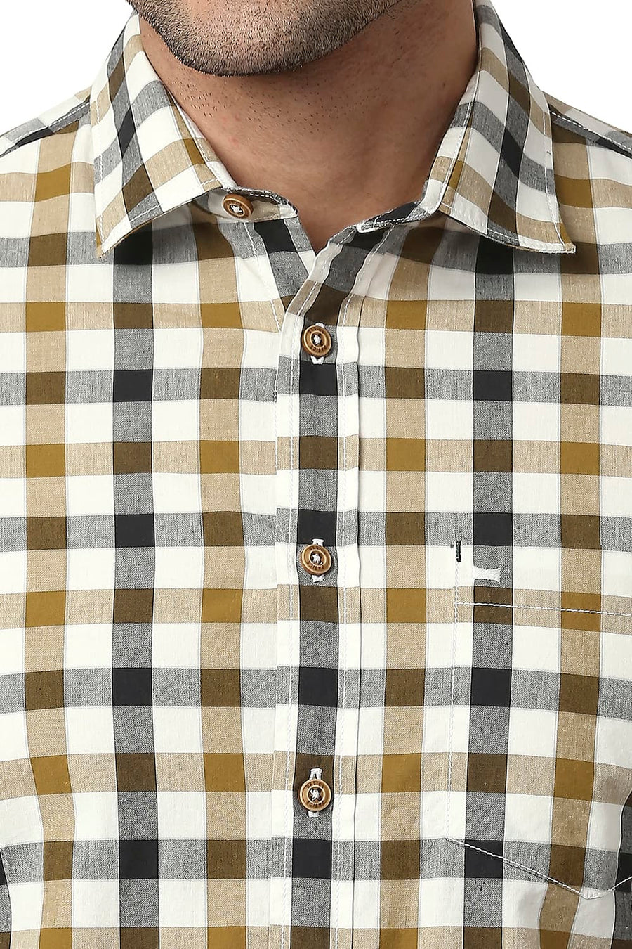 BASICS SLIM FIT LARK BROWN COTTON CHECKS SHIRT