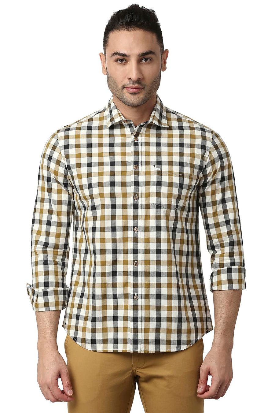 BASICS SLIM FIT LARK BROWN COTTON CHECKS SHIRT
