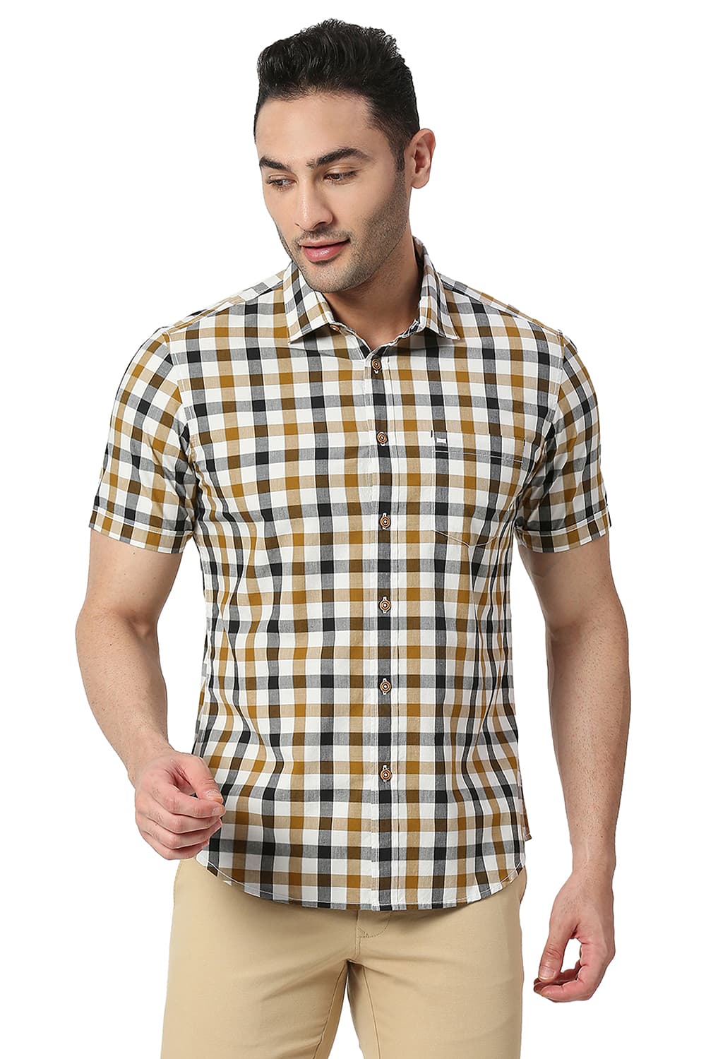 BASICS SLIM FIT COTTON CHECKS SHIRT