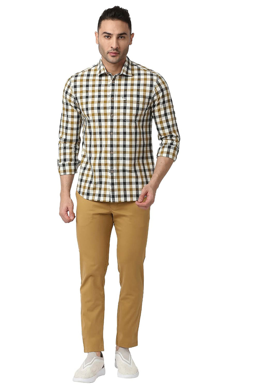 BASICS SLIM FIT LARK BROWN COTTON CHECKS SHIRT