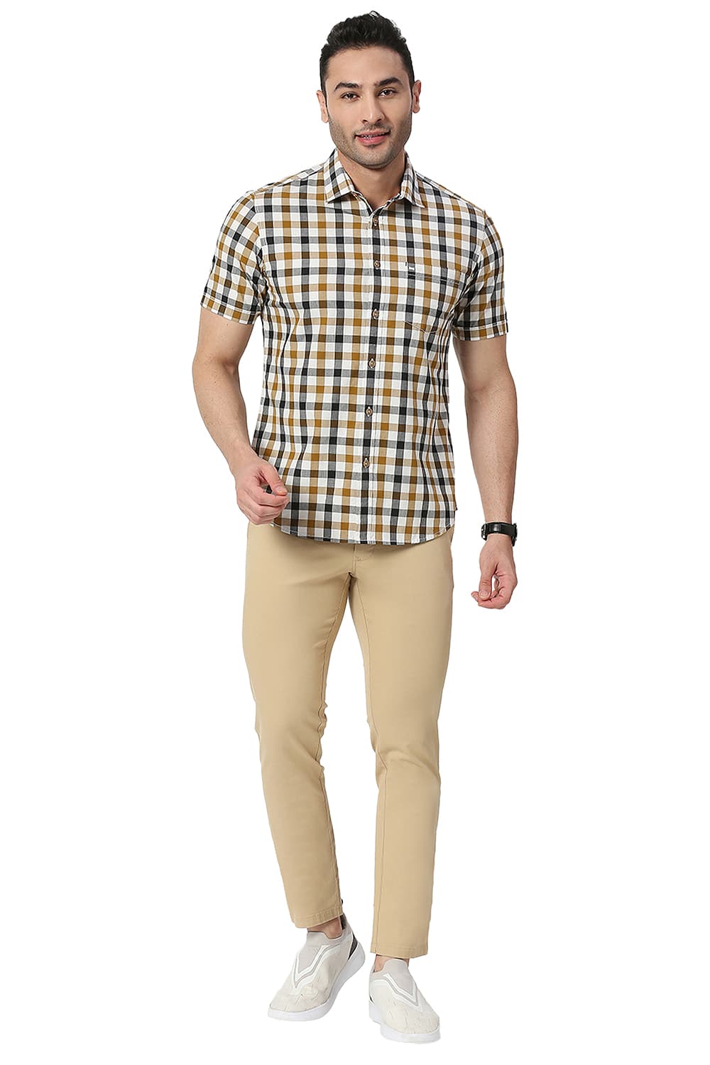 BASICS SLIM FIT COTTON CHECKS HALFSLEEVES SHIRT