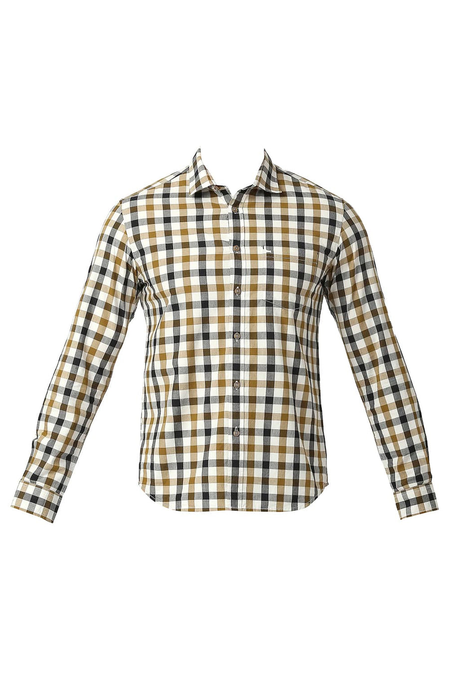 BASICS SLIM FIT LARK BROWN COTTON CHECKS SHIRT