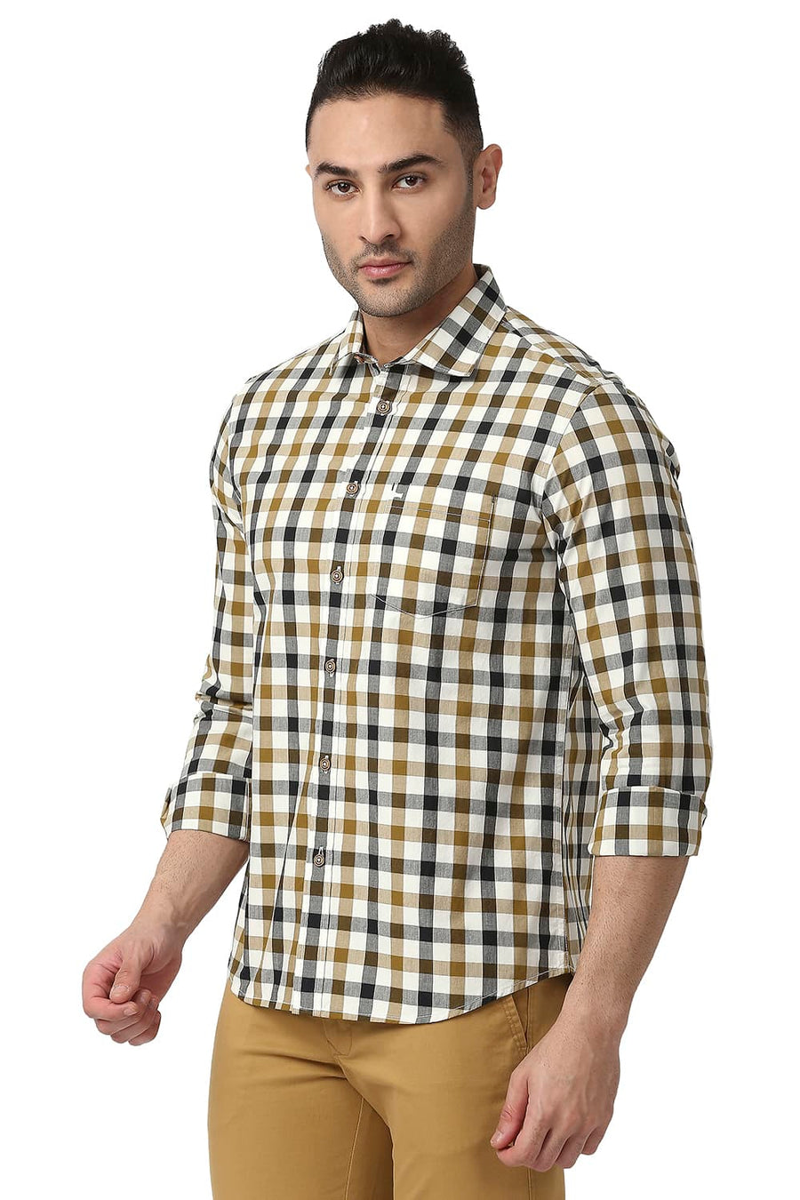 BASICS SLIM FIT LARK BROWN COTTON CHECKS SHIRT