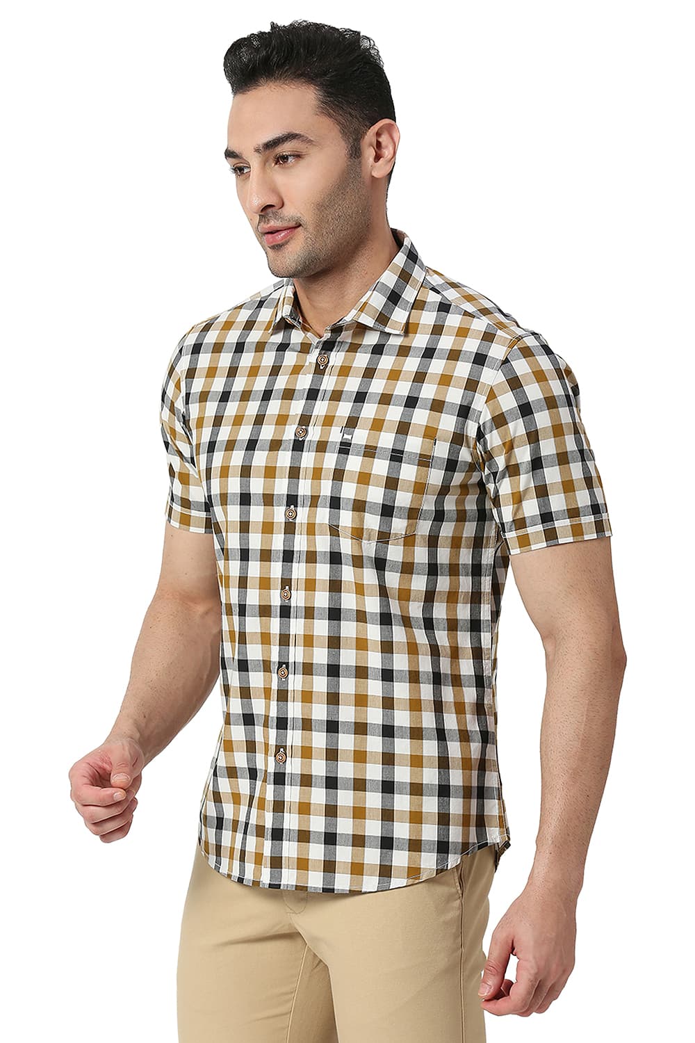 BASICS SLIM FIT COTTON CHECKS HALFSLEEVES SHIRT