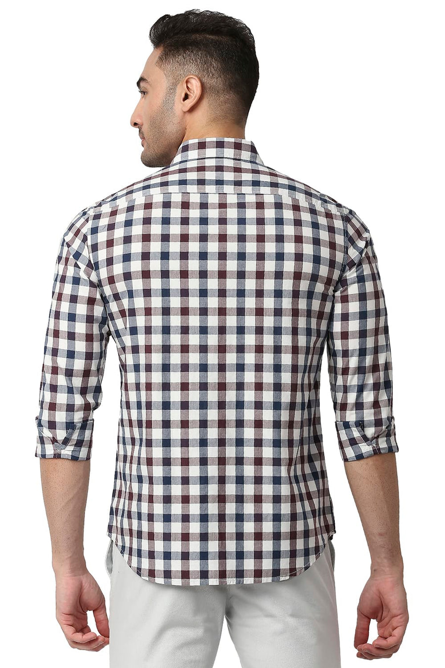 BASICS SLIM FIT TITAN NAVY COTTON CHECKS SHIRT