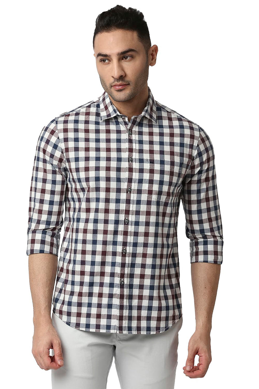 BASICS SLIM FIT TITAN NAVY COTTON CHECKS SHIRT