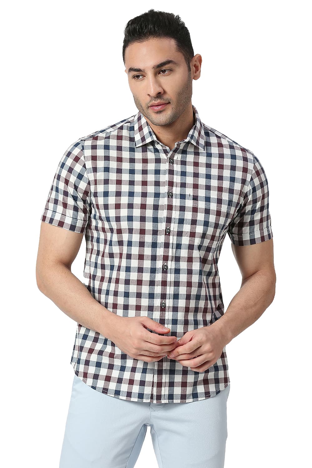 BASICS SLIM FIT COTTON CHECKS HALFSLEEVES SHIRT