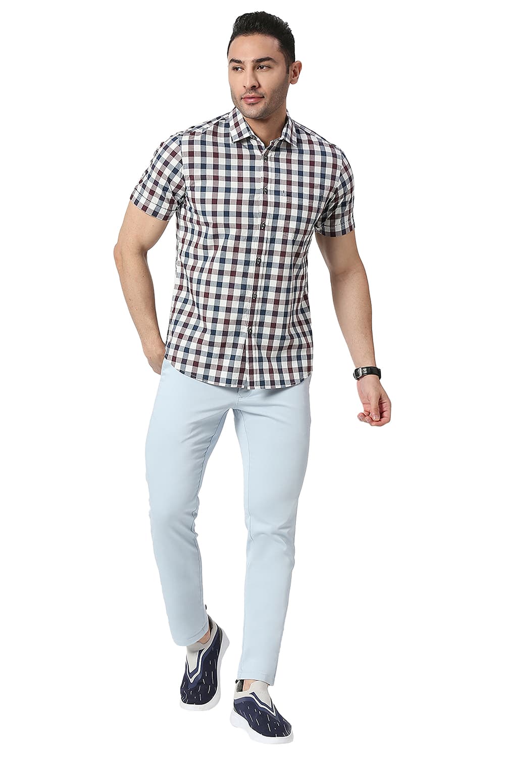 BASICS SLIM FIT COTTON CHECKS HALFSLEEVES SHIRT