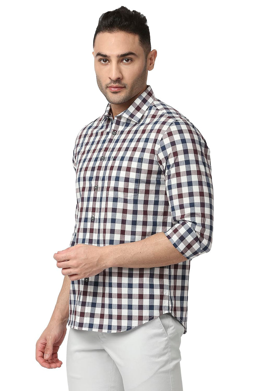 BASICS SLIM FIT TITAN NAVY COTTON CHECKS SHIRT