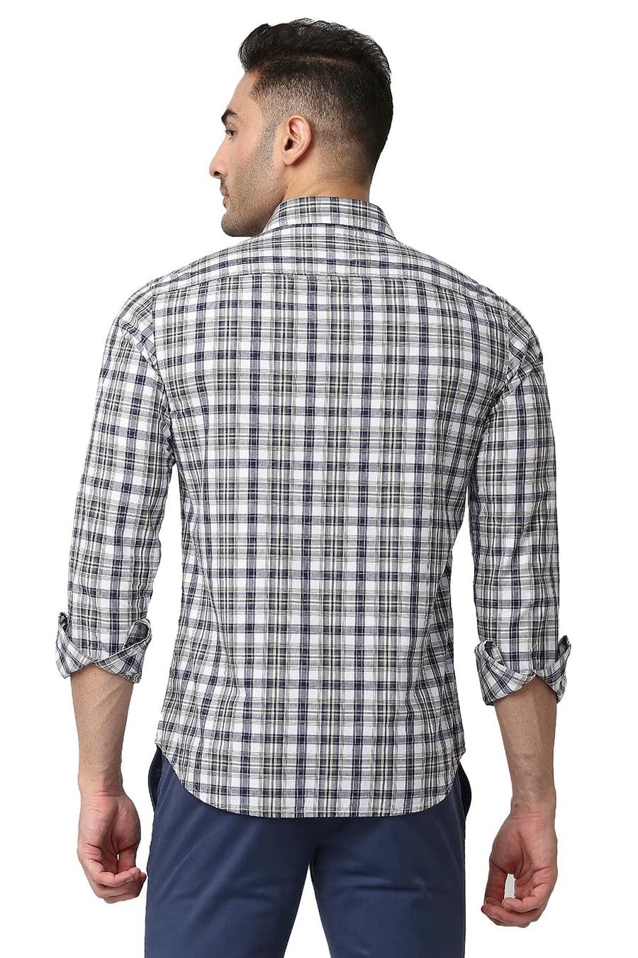 BASICS SLIM FIT CORN YELLOW COTTON CHECKS SHIRT