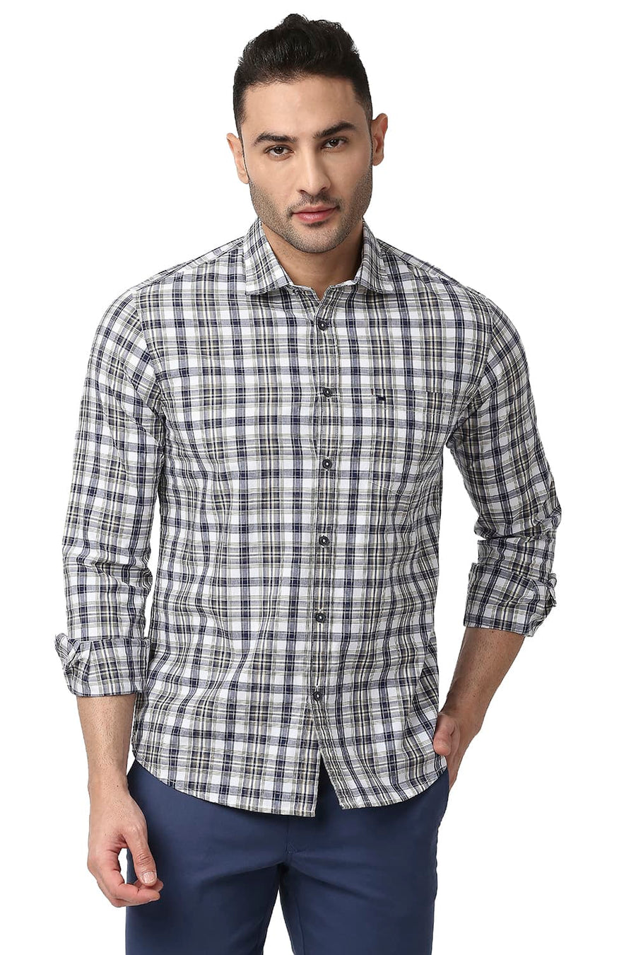 BASICS SLIM FIT CORN YELLOW COTTON CHECKS SHIRT