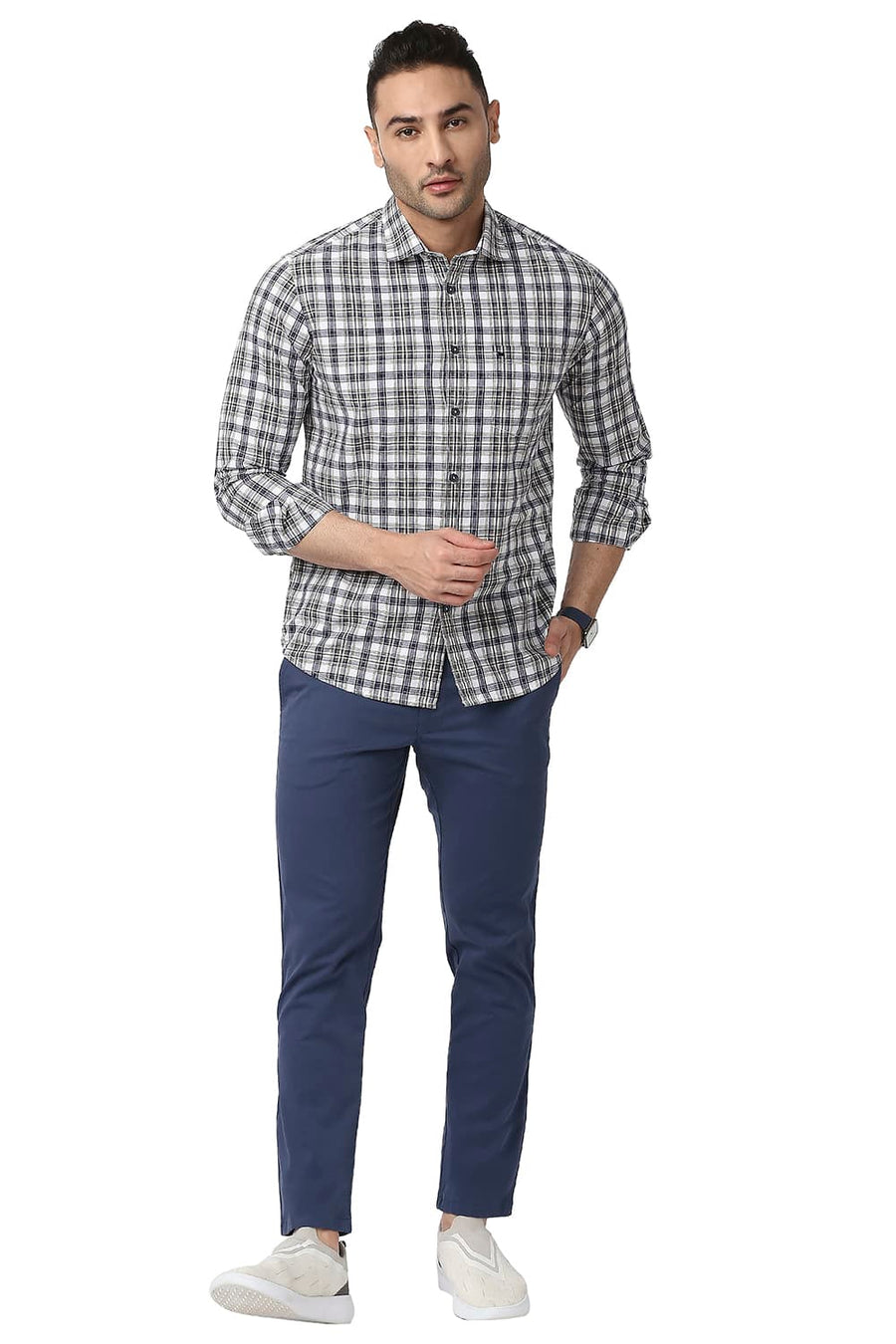 BASICS SLIM FIT CORN YELLOW COTTON CHECKS SHIRT